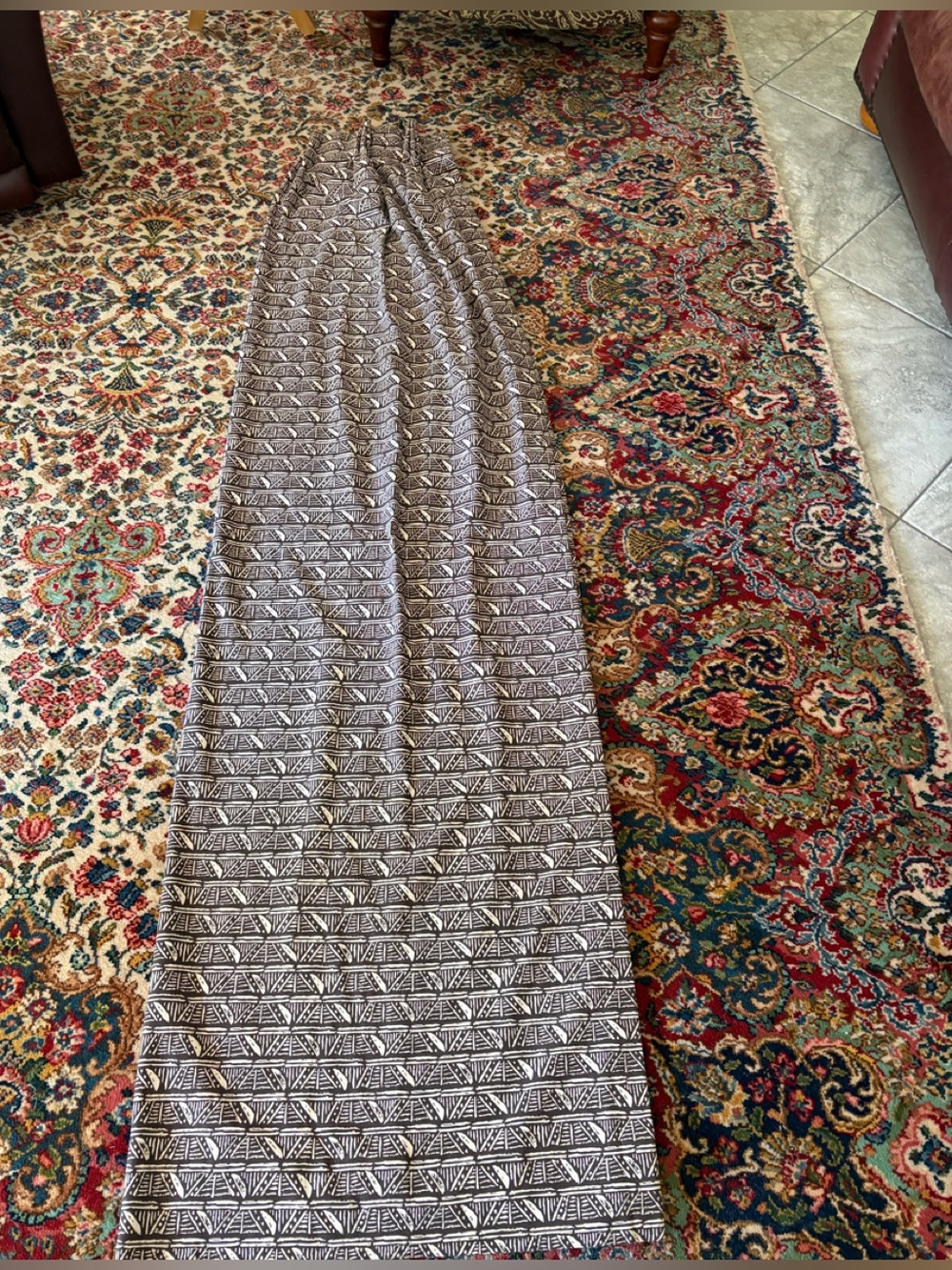 Calico Custom Pair of Triple Pinched Drapes in Brown & Cream (Set 1)